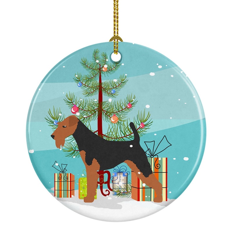 Airedale Terrier Merry Christmas Tree Ornament - Round Ceramic Ornament  Artist-Designed Keepsake Decoration BB2975CO1