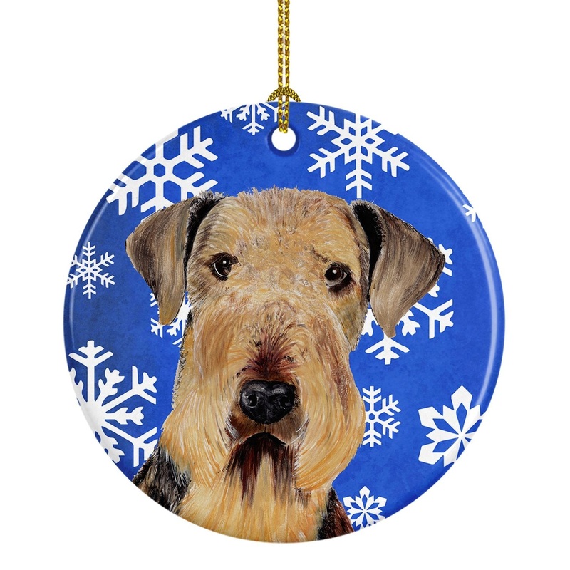Airedale Winter Snowflakes Holiday Ornament - Round Ceramic Ornament  Artist-Designed Keepsake Decoration SC9373