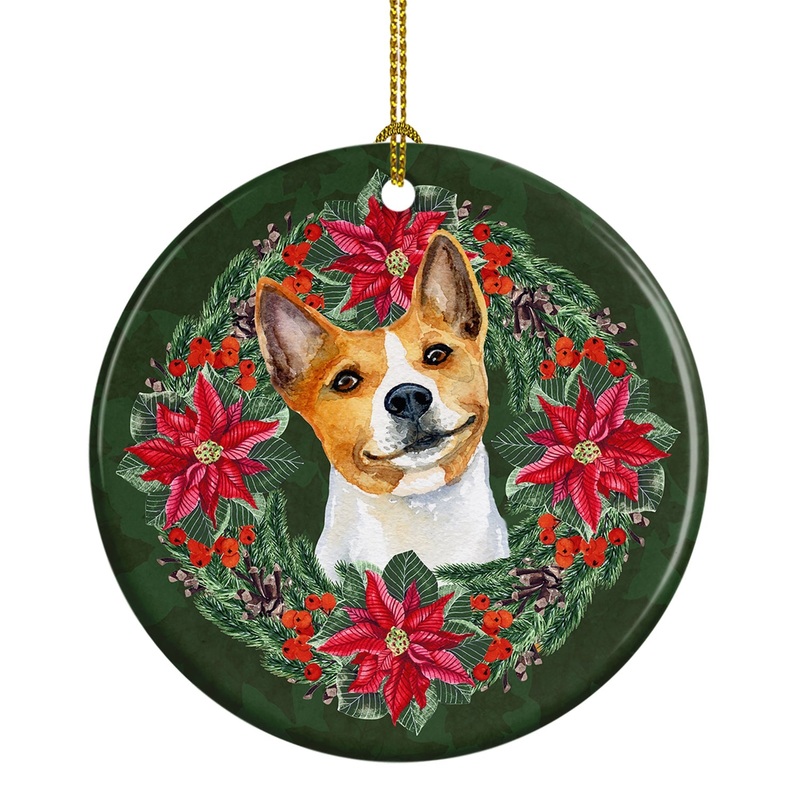 Basenji Poinsetta Wreath Ornament - Round Ceramic Ornament  Artist-Designed Keepsake Decoration