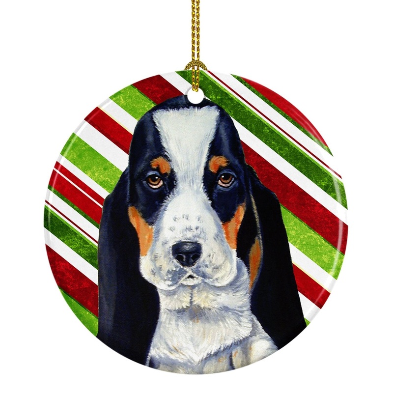 Basset Hound Candy Cane Holiday Christmas Ornament - Round Ceramic Ornament  Artist-Designed Keepsake Decoration LH9239