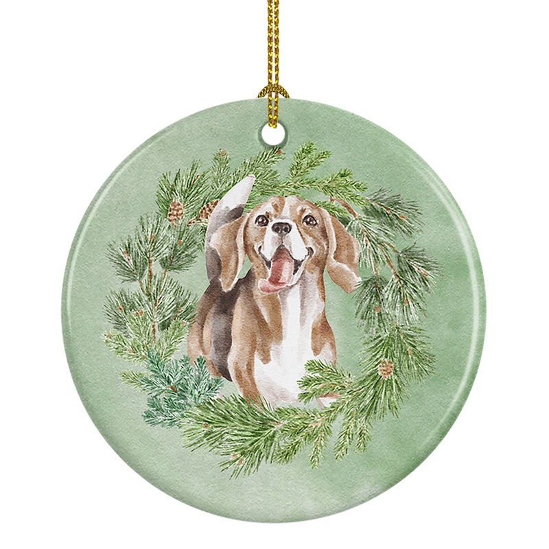 Beagle Smiling Christmas Wreath Ceramic Ornament