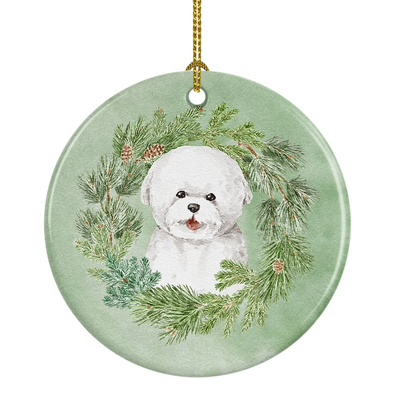 Bichon Frise Smiling Christmas Wreath Ceramic Ornament