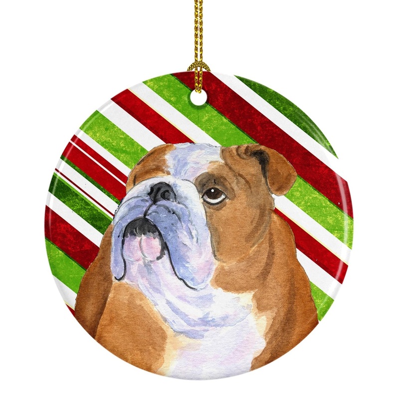 Bulldog English Candy Cane Holiday Christmas Ornament - Round Ceramic Ornament  Artist-Designed Keepsake Decoration SS4560