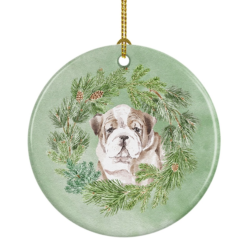 Bulldog Puppy Fawn Brindle Christmas Wreath Ceramic Ornament