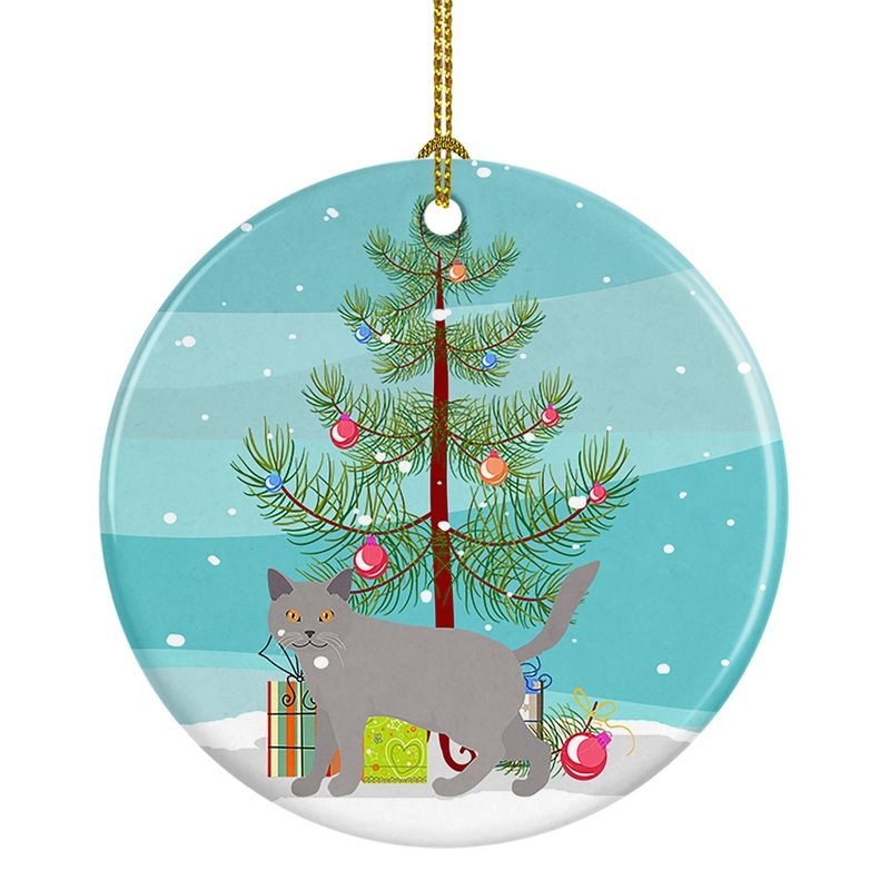 Chartreux #2 Cat Merry Christmas Ornament - Round Ceramic Ornament  Artist-Designed Keepsake Decoration