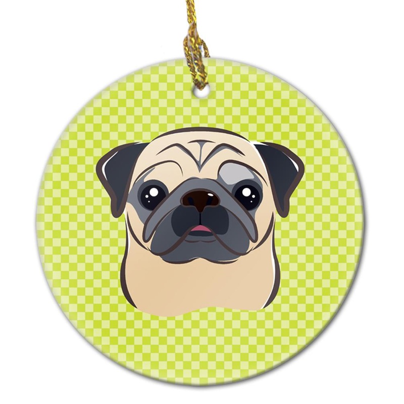Checkerboard Lime Green Fawn Pug Ceramic Ornament BB1324CO1