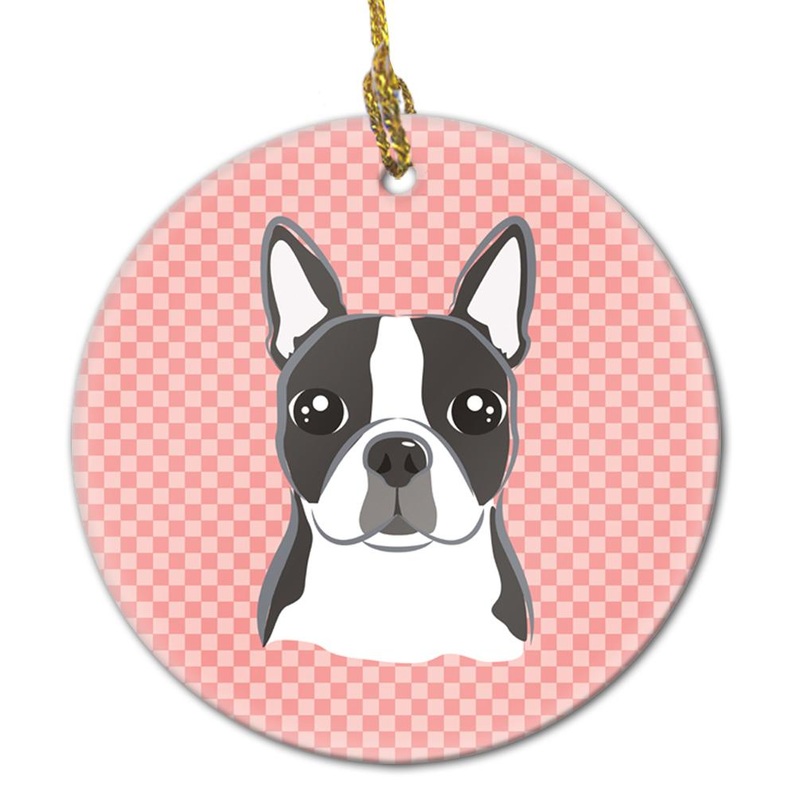 Checkerboard Pink Boston Terrier Ceramic Ornament BB1203CO1