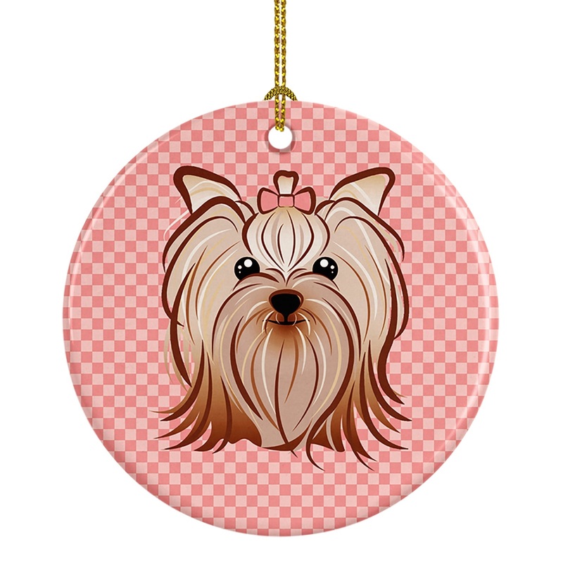 Checkerboard Pink Yorkie Yorkishire Terrier Ceramic Ornament BB1204CO1