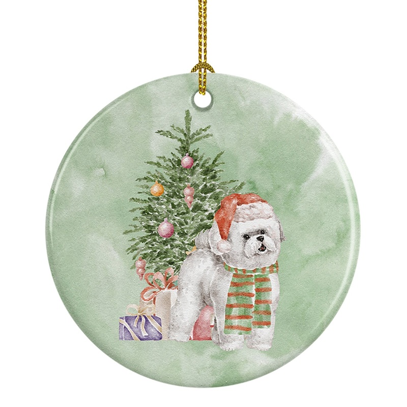 Christmas Bichon Frise Red Hat Ornament - Round Ceramic Ornament  Artist-Designed Keepsake Decoration