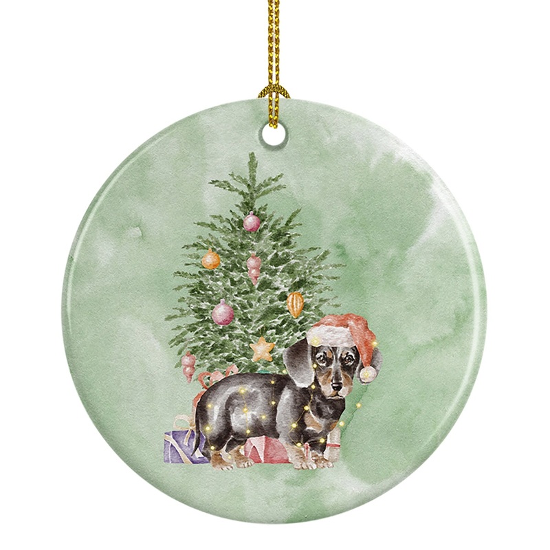 Christmas Dachshund Black Tan Puppy Ornament - Round Ceramic Ornament  Artist-Designed Keepsake Decoration
