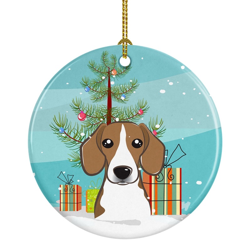 Christmas Tree and Beagle Ornament - Round Ceramic Ornament  Artist-Designed Keepsake Decoration BB1611CO1