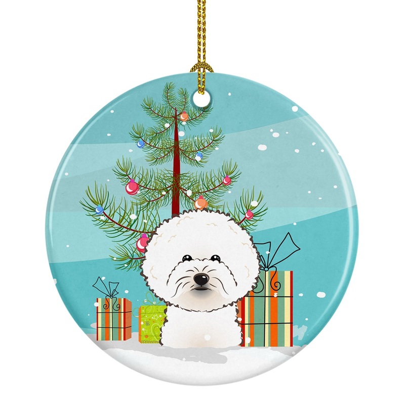 Christmas Tree and Bichon Frise Ornament - Round Ceramic Ornament  Artist-Designed Keepsake Decoration BB1589CO1