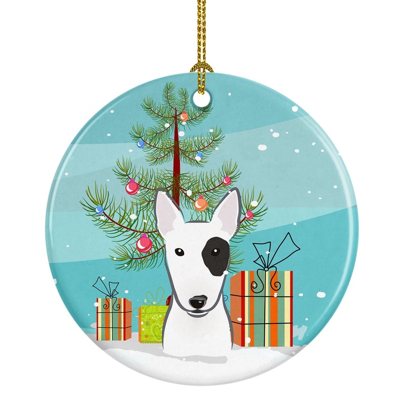 Christmas Tree and Bull Terrier Ornament - Round Ceramic Ornament  Artist-Designed Keepsake Decoration BB1581CO1