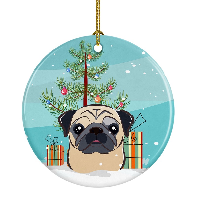 Christmas Tree and Fawn Pug Ornament - Round Ceramic Ornament  Artist-Designed Keepsake Decoration BB1634CO1