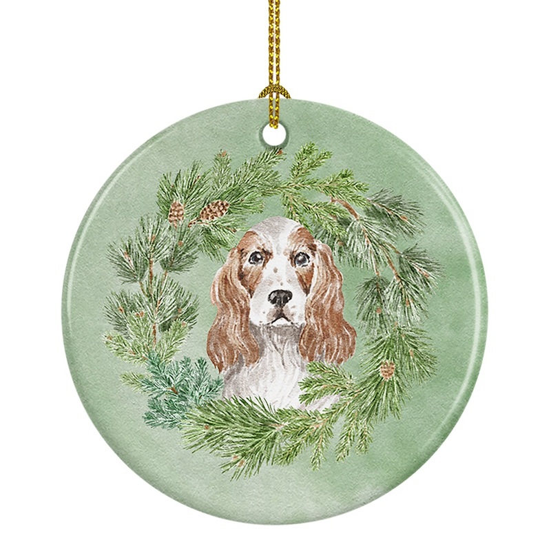 Cocker Spaniel Red and White Christmas Wreath Ceramic Ornament