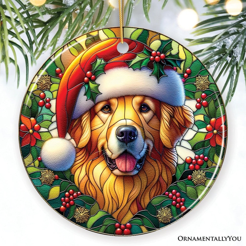 Colorful Golden Retriever Stained Glass Style Ceramic Ornament, Christmas Gift and Decor