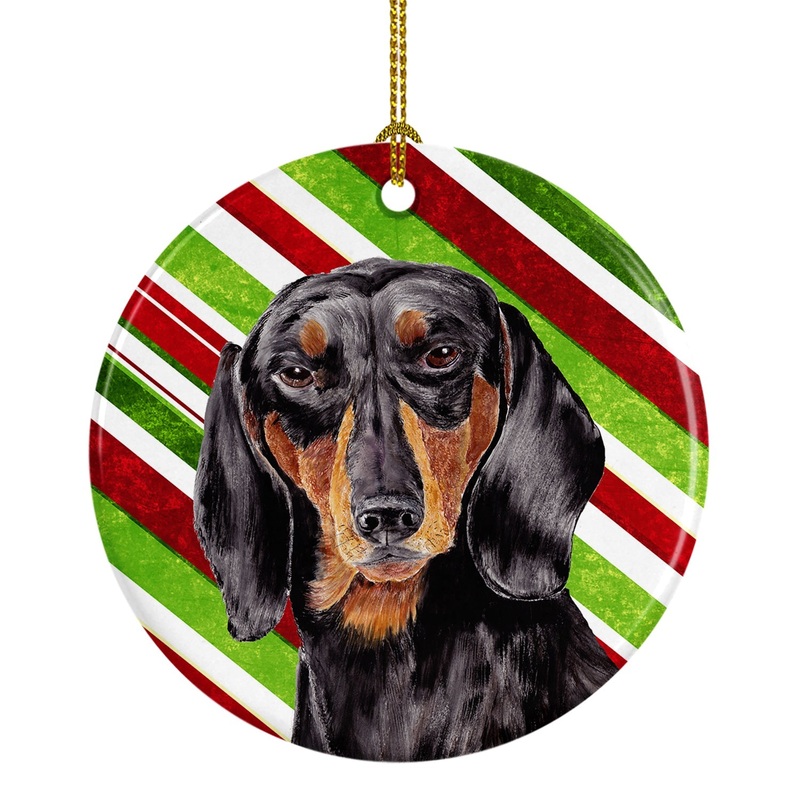 Dachshund Candy Cane Holiday Christmas  Ornament - Round Ceramic Ornament  Artist-Designed Keepsake Decoration SC9323