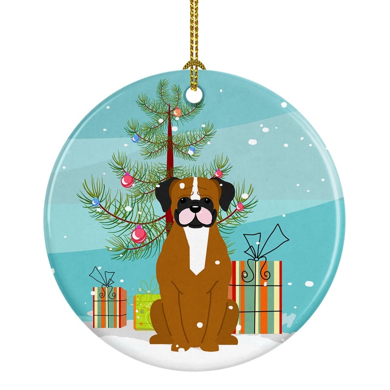 Merry Christmas Tree Flashy Fawn Boxer Ornament - Round Ceramic Ornament  Artist-Designed Keepsake Decoration BB4241CO1
