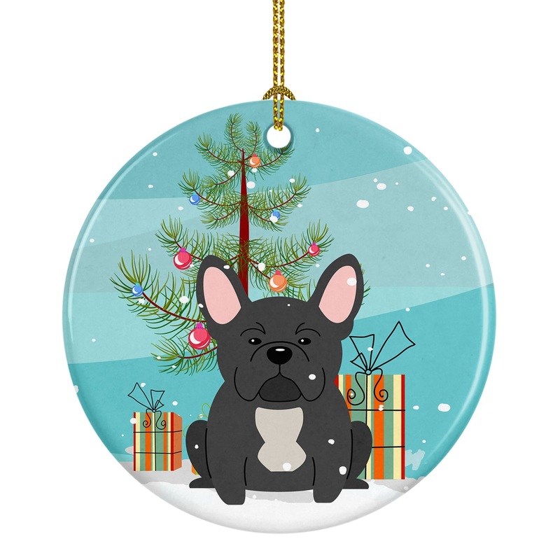 Merry Christmas Tree French Bulldog Black Ornament - Round Ceramic Ornament  Artist-Designed Keepsake Decoration BB4139CO1
