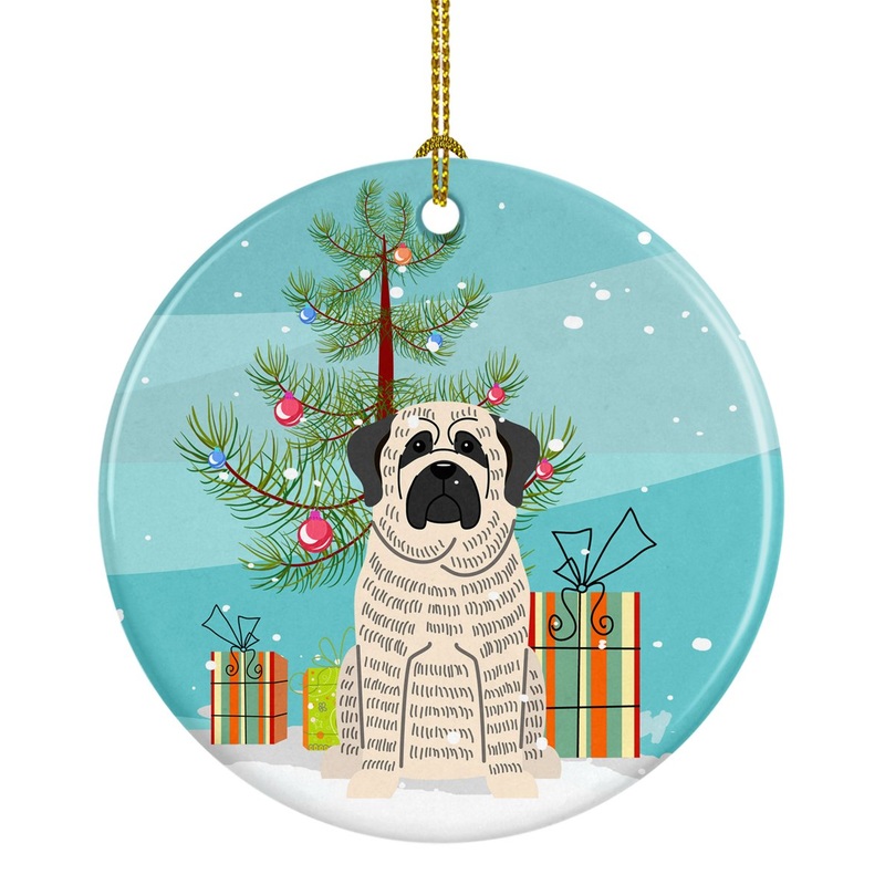 Merry Christmas Tree Mastiff Brindle White Ornament - Round Ceramic Ornament  Artist-Designed Keepsake Decoration BB4141CO1
