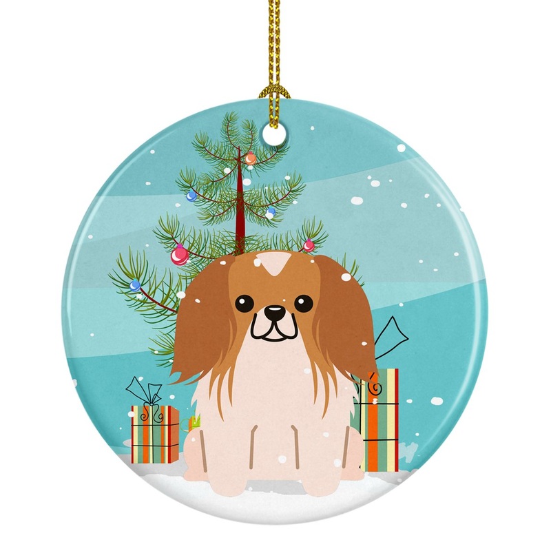 Merry Christmas Tree Pekingnese Red White Ornament - Round Ceramic Ornament  Artist-Designed Keepsake Decoration BB4228CO1