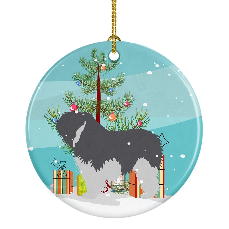 Polish Lowland Sheepdog Dog Merry Christmas Tree Ornament - Round Ceramic Ornament  Artist-Designed Keepsake Decoration BB2950CO1
