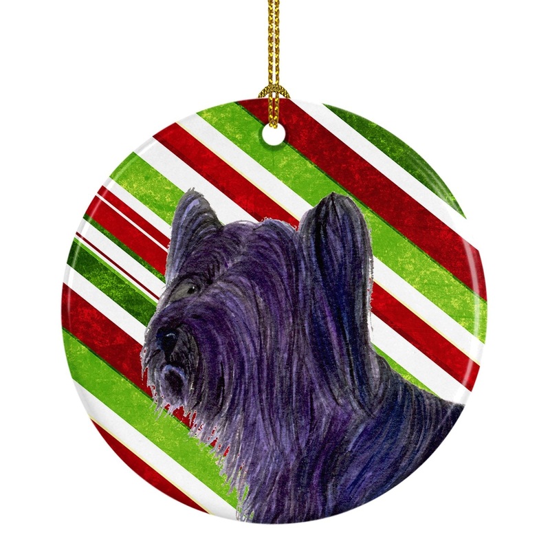 Skye Terrier Candy Cane Holiday Christmas Ornament - Round Ceramic Ornament  Artist-Designed Keepsake Decoration SS4532
