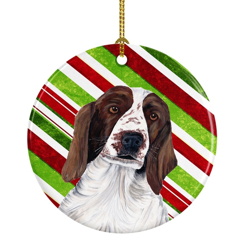 Welsh Springer Spaniel Candy Cane Holiday Christmas  Ornament - Round Ceramic Ornament  Artist-Designed Keepsake Decoration SC9340