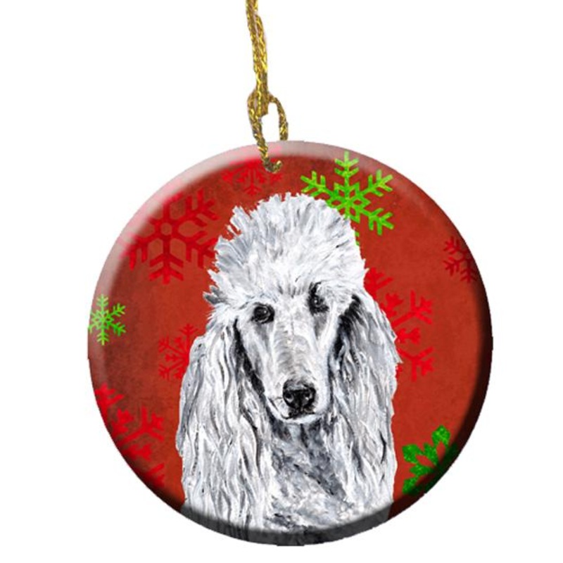 White Standard Poodle Red Snowflakes Holiday Ornament - Round Ceramic Ornament  Artist-Designed Keepsake Decoration SC9751CO1
