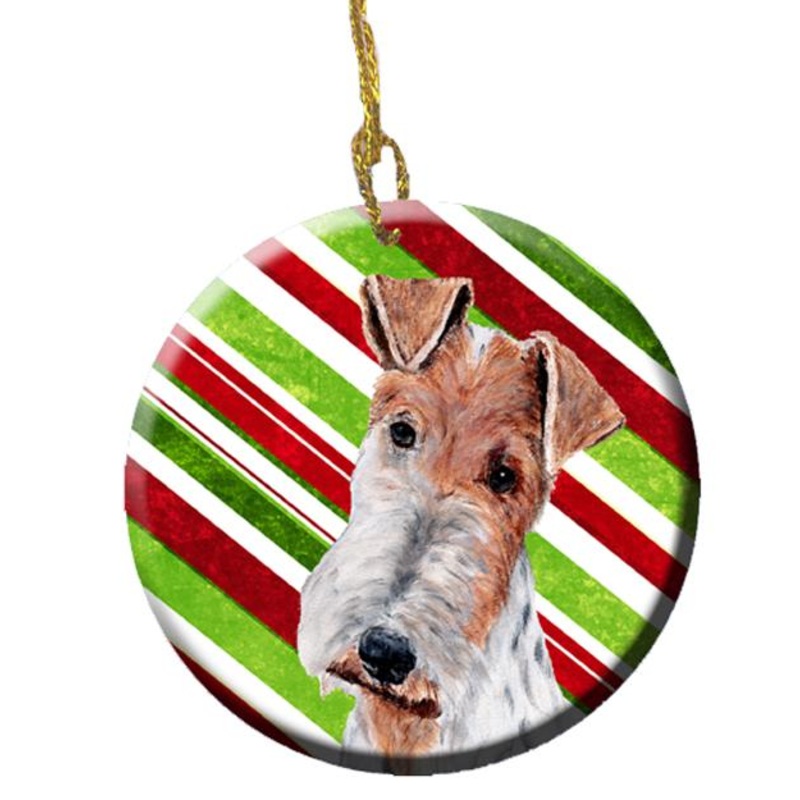 Wire Fox Terrier Candy Cane Christmas Ornament - Round Ceramic Ornament  Artist-Designed Keepsake Decoration SC9796CO1