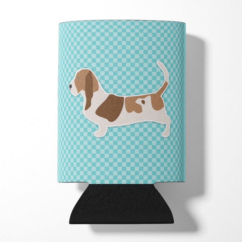 Basset Hound  Checkerboard Blue Can or Bottle Hugger BB3702CC