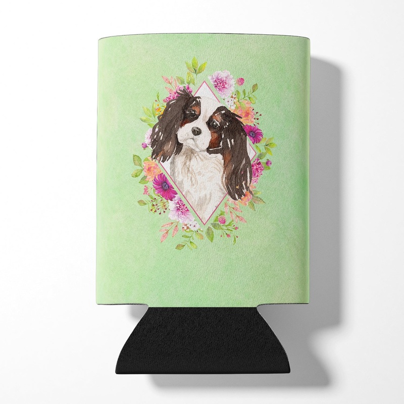 Tricolor Cavalier Spaniel Green Flowers Can or Bottle Hugger CK4366CC