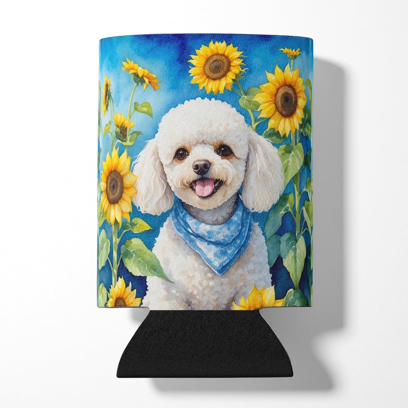 White Poodle in Sunflowers Can or Bottle Hugger
