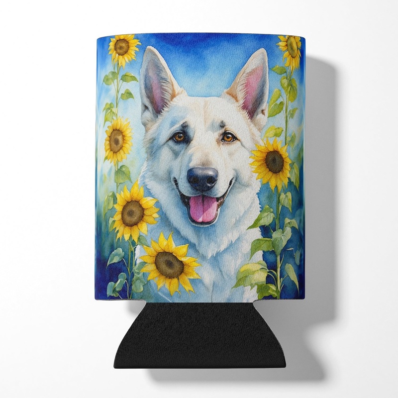 White German Shepherd in Sunflowers Can or Bottle Hugger
