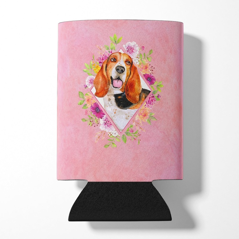 Basset Hound Pink Flowers Can or Bottle Hugger CK4116CC