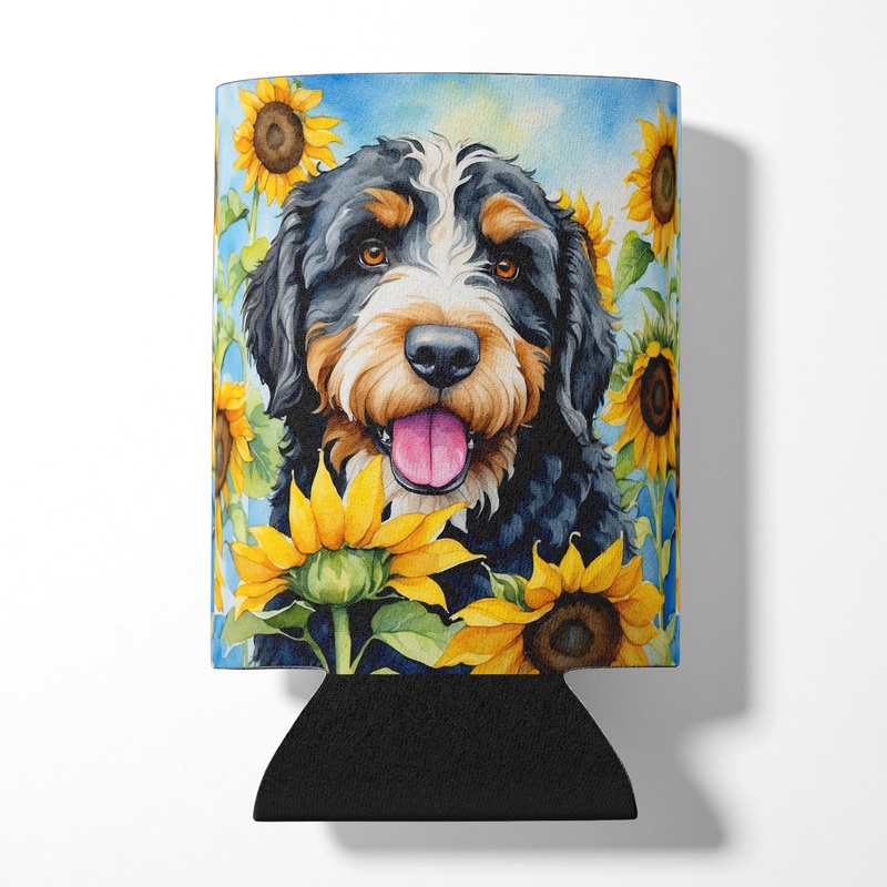 Bernedoodle in Sunflowers Can or Bottle Hugger
