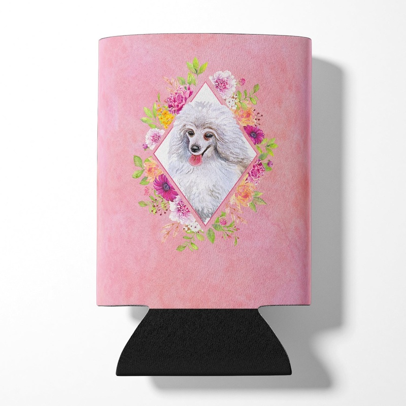 White Mini Poodle Pink Flowers Can or Bottle Hugger CK4172CC