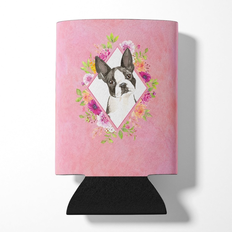 Boston Terrier Pink Flowers Can or Bottle Hugger CK4257CC