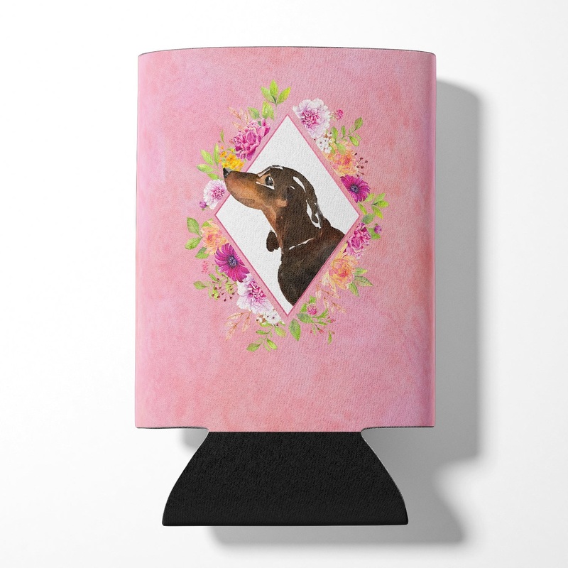 Black and Tan Dachshund Pink Flowers Can or Bottle Hugger CK4262CC