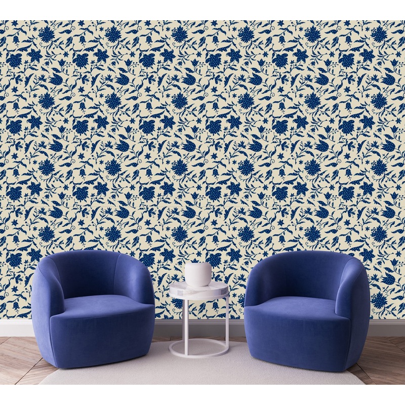 Blue Flowers on Beige Background Wallpaper