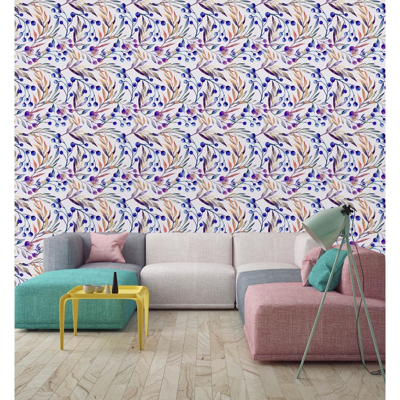 Botanical Pattern with Blue Berries Wallpaper