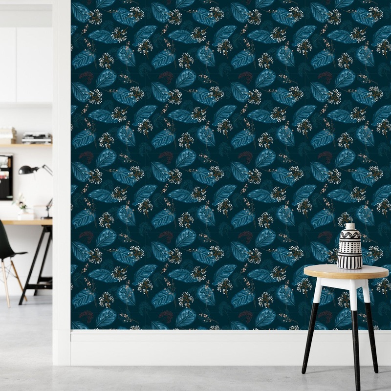 Contemporary Dark Blue Palm Leaves Wallpaper Smart
