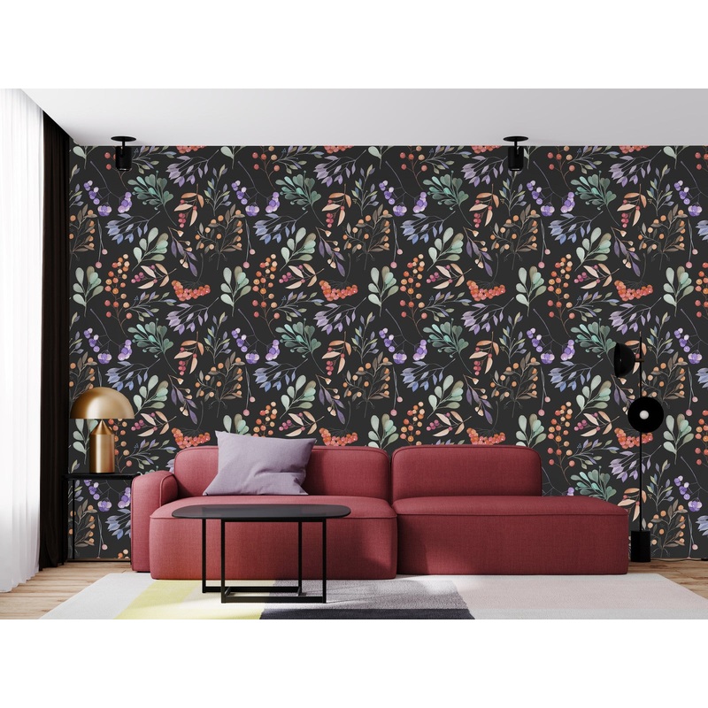 Dark Wallpaper with Berries and Leaves