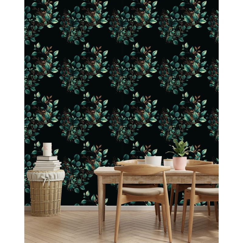 Fashionable Black Wallpaper with Green Leaves Smart