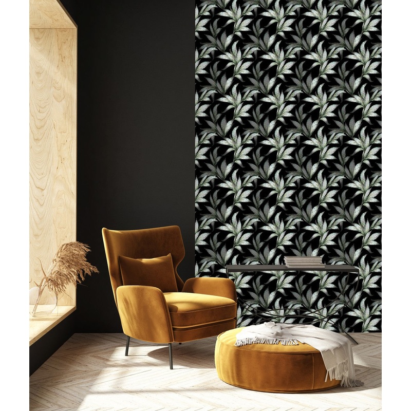 Fashionable Dark Wallpaper with Green Leaves Tasteful