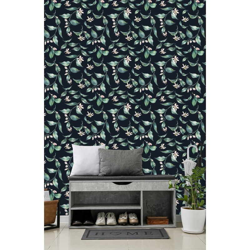 Stylish Black Wallpaper with Green Leaves Vogue