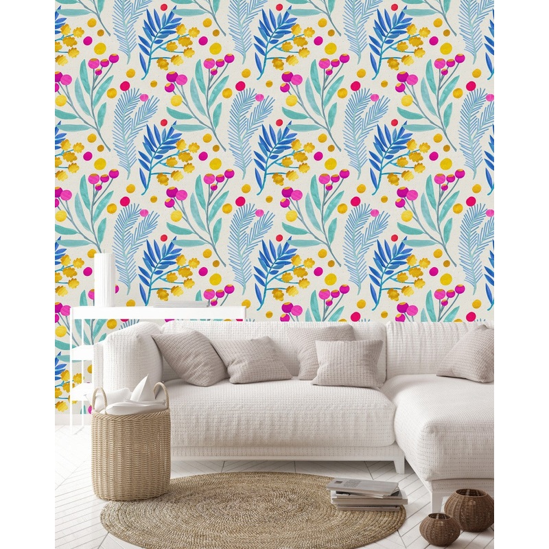 Contemporary Blue Leaves and Berries Wallpaper Smart