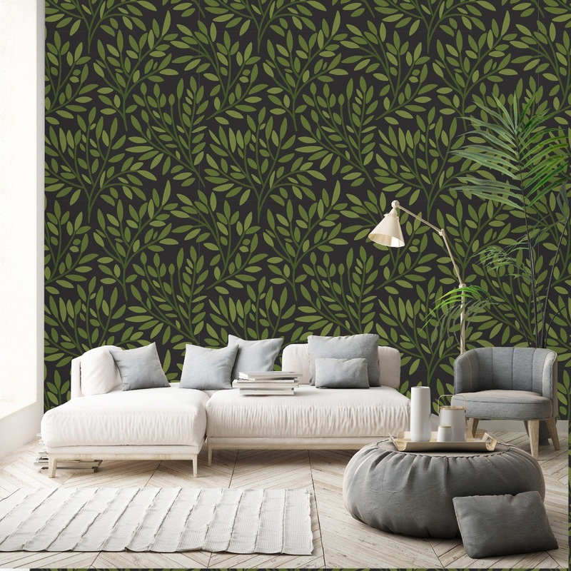 Contemporary Dark Green Leaves Wallpaper Vogue