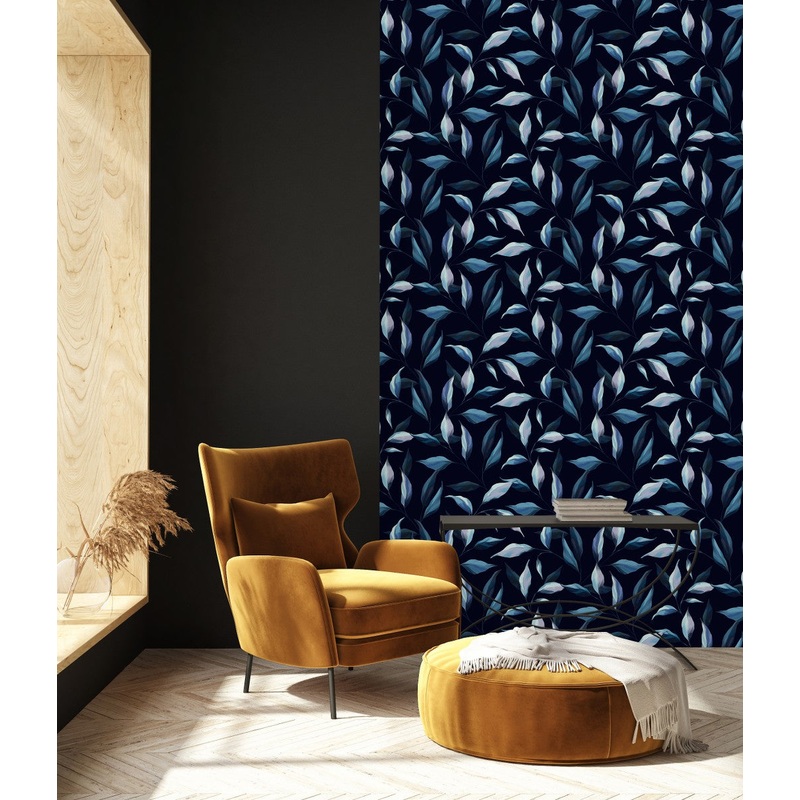 Dark Blue Wallpaper with Leaves Design