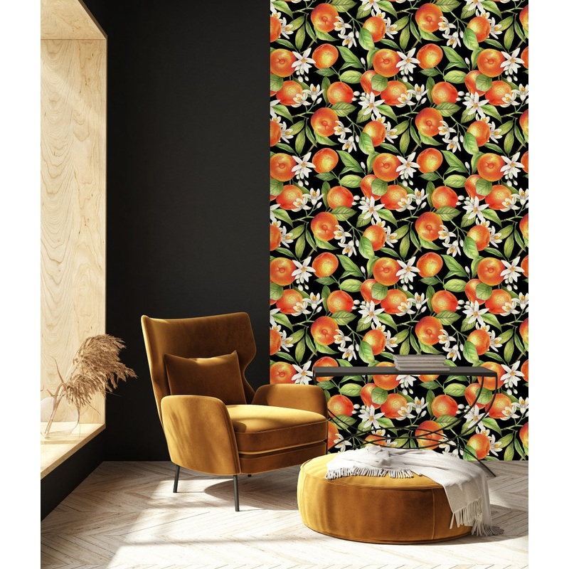Dark Wallpaper with Flowers and Tangerines